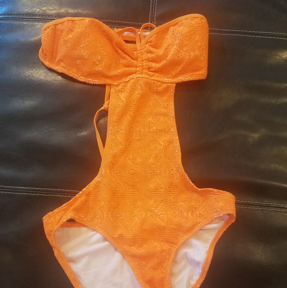 Bright orange crochet detail swimsuit